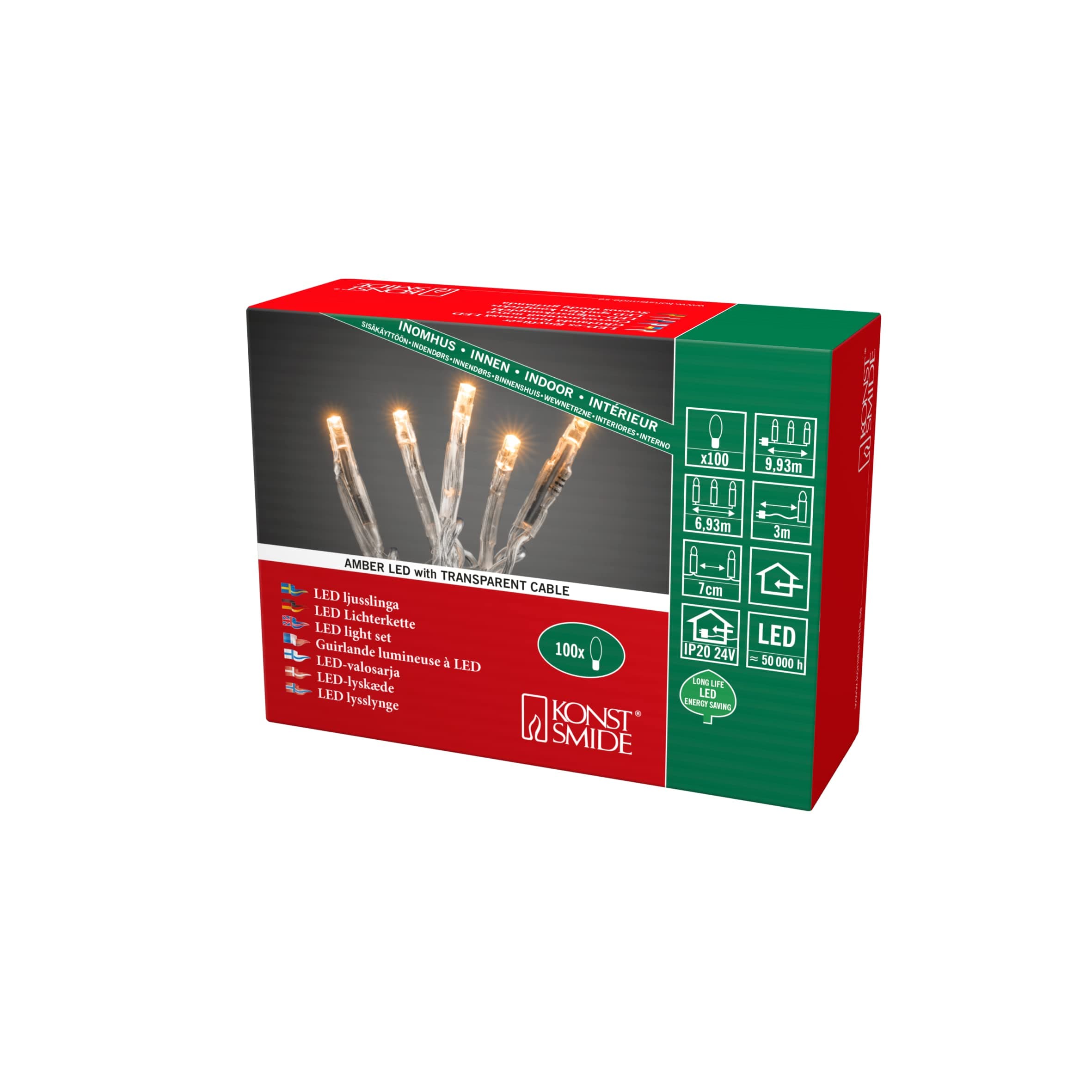Konstsmide 6354-823 Micro LED Lichterkette / für Innen (IP20) / VDE geprüft / 24V Innentrafo / 100 bernsteinfarbene Dioden / transparentes Kabel 100 LEDs Bernstein
