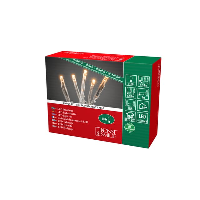 Konstsmide 6354-823 Micro LED Lichterkette / für Innen (IP20) / VDE geprüft / 24V Innentrafo / 100 bernsteinfarbene Dioden / transparentes Kabel 100 LEDs Bernstein