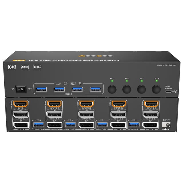 HDMI Displayport KVM Switch 4 PC 3 Monitore 8K@60Hz/4K@144Hz KVM Switches kabelgebundener Fernbedienung, Netzteil und USB3.0 Kabel im Lieferumfang enthalte 8K HDMI DP KVM 4 PC 3 Monitore