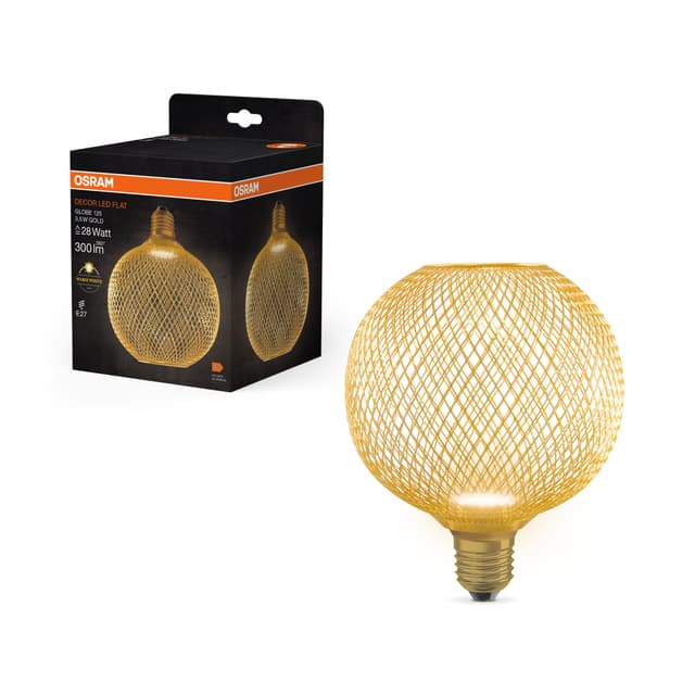 Osram DECOR LED Flatlampe im Metallgehäuse aus gefrostetem Kunststoff in Gold mit 125 mm in Warmweiß (2700 K), 3.5 W / 300 lm und E27 Sockel, ist nicht-dimmbar und bietet edle Beleuchtung.