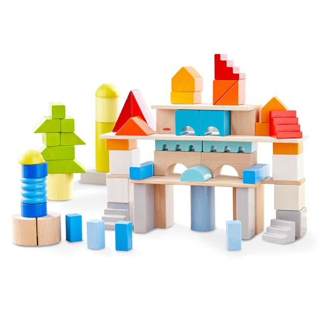 Haba Basis Holzbausteine - 85 Bunte Bausteine mit Baumwolltasche - Made in Germany - ToyAward Gewinner 2024 - Für Kinder ab 1 Jahr - 2010921001