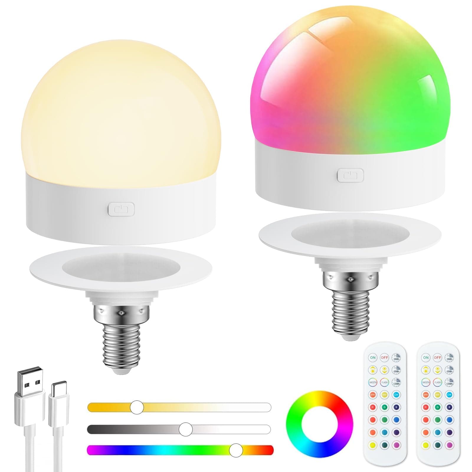 Gotopceed Wiederaufladbare Glühbirne mit Fernbedienung, E14 Dimmbare RGB Farben LED Glühbirne mit Batterie, 6W Touch Control Akku Glühbirne Mit Timing-funktion, Notlicht Mit Magnetische, 2 Stück E14-2 Stück