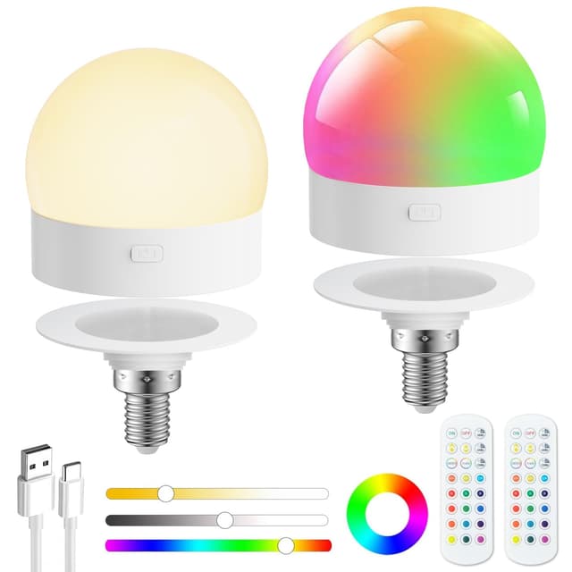 Gotopceed Wiederaufladbare Glühbirne mit Fernbedienung, E14 Dimmbare RGB Farben LED Glühbirne mit Batterie, 6W Touch Control Akku Glühbirne Mit Timing-funktion, Notlicht Mit Magnetische, 2 Stück E14-2 Stück