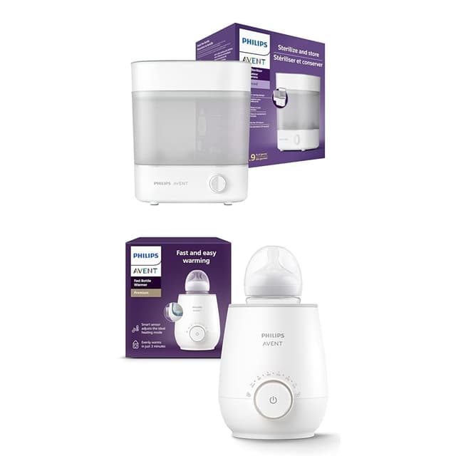 Philips Avent SCF291/00 Sterilisator für bis zu 6 Babyflaschen, Sauger und Zubehör, weiß & SCF358/00 Flaschenwärmer für schnelles und gleichmäßiges Erwärmen von Milch & Babynahrung, weiß Elektrischer Sterilisator & Flaschenwärmer & Babynahrung Bundle mit