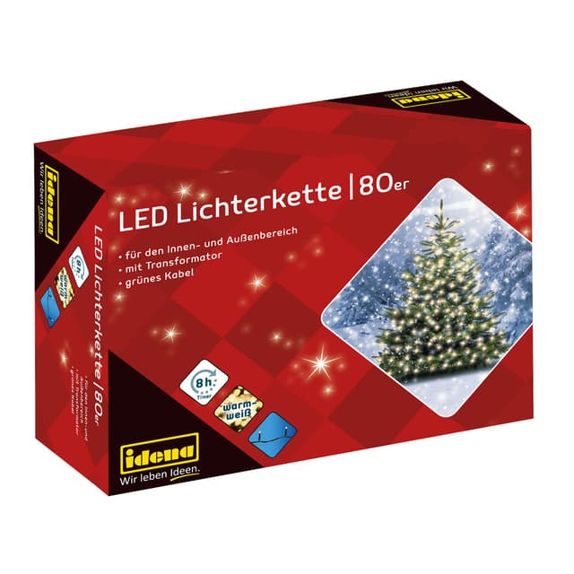 Idena 8325058 - LED Lichterkette mit 80 LEDs in Gold-Gelb, mit 8 Stunden Timer Funktion und Transformator, ca. 15,9 m lang, Deko für Innen & Außen, als Party Deko, Weihnachtsdeko, zur Hochzeit