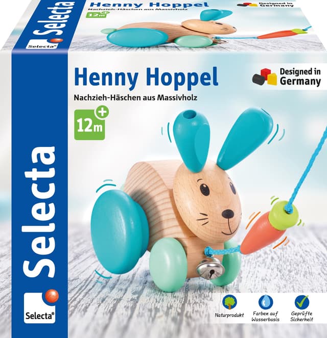 Selecta 62100 Henny Hoppel, Nachzieh-Hase, Schiebe-und Nachziehspielzeug aus Holz, 13 cm