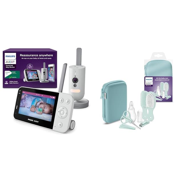 AVENT Set aus Philips Connected Videophone mit WLAN, Infrarot-Nachtsichtfunktion & Schrei-Erkennung SCD951/26 + Philips Babypflege-Set Starter-Set mit 9 Zubehörteilen (Modell SCH401/00)