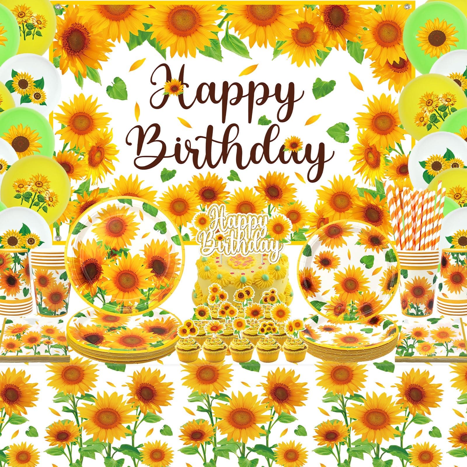 Sonnenblume Geburtstag Party Dekorationen - Sonnenblume alles Gute zum Geburtstag Kulisse, Kuchen Topper, Geschirr, Tischdecke und Luftballons, Sonnenblume Partyzubehör für Mädchen Frauen, serviert 20