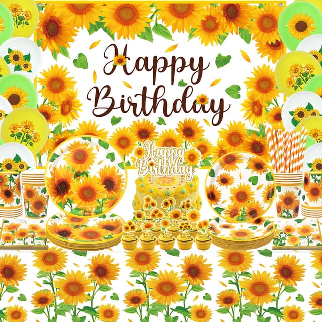 Sonnenblume Geburtstag Party Dekorationen - Sonnenblume alles Gute zum Geburtstag Kulisse, Kuchen Topper, Geschirr, Tischdecke und Luftballons, Sonnenblume Partyzubehör für Mädchen Frauen, serviert 20