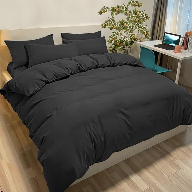 Poligino Bettwäsche 3tlg Gebürstet Microfaser Bettbezug 250x200cm + 2 Kissenbezug 50x80cm mit Reißverschluss Schwarz 250x200cm (2 Kissenbezug 50x80cm) Schwarz