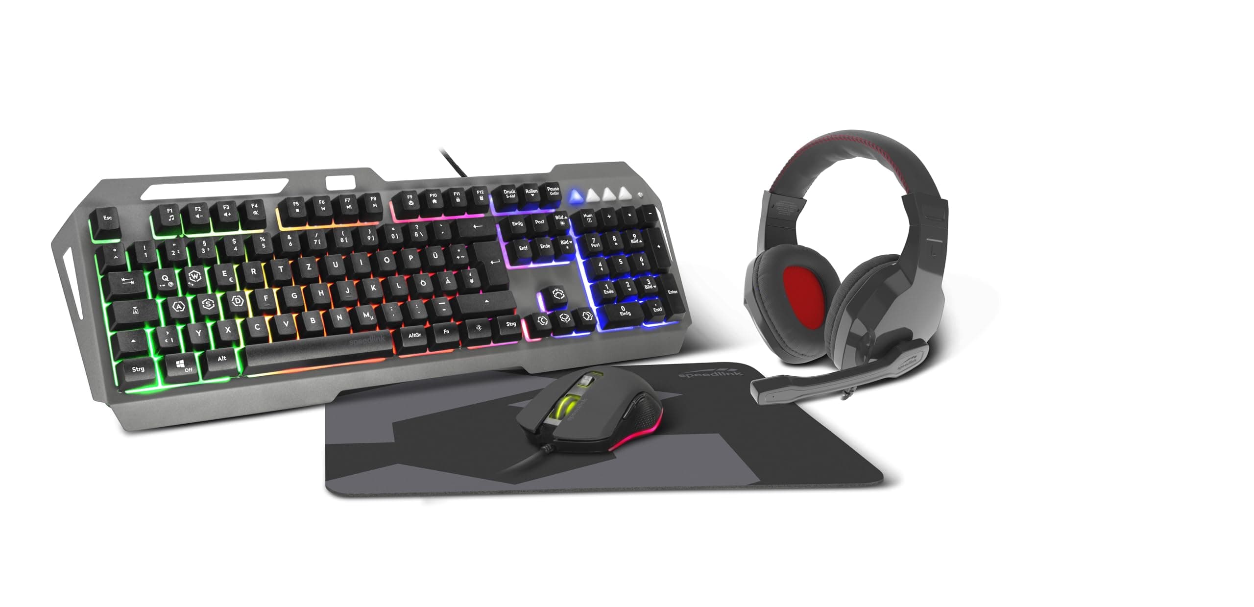 Speedlink LUNERA 4in1 Illuminated RGB Gaming Set – vierteiliges PC Tastatur und Maus Set mit Kabel, Headset und Mauspad, LED Gamer Beleuchtung, QWERTZ Layout Deutsch, schwarz