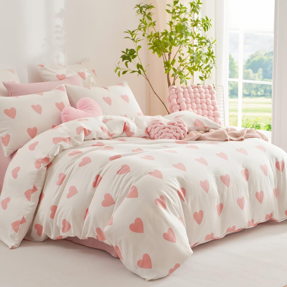 Nayoroom Bettwäsche 140x200 Musellin Weiß mit Rosa Herzen Baumwolle Musellin Bettbezug 2teilig Rot Weiss Herzchen Aesthetic Cute Kawaii Bettwäsche Set und Kissenbezug 70x90 cm mit Reißverschluss Rosa Herz 140 x 200 + 70 x 90 cm