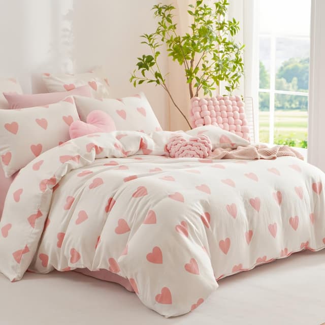 Nayoroom Bettwäsche 140x200 Musellin Weiß mit Rosa Herzen Baumwolle Musellin Bettbezug 2teilig Rot Weiss Herzchen Aesthetic Cute Kawaii Bettwäsche Set und Kissenbezug 70x90 cm mit Reißverschluss Rosa Herz 140 x 200 + 70 x 90 cm