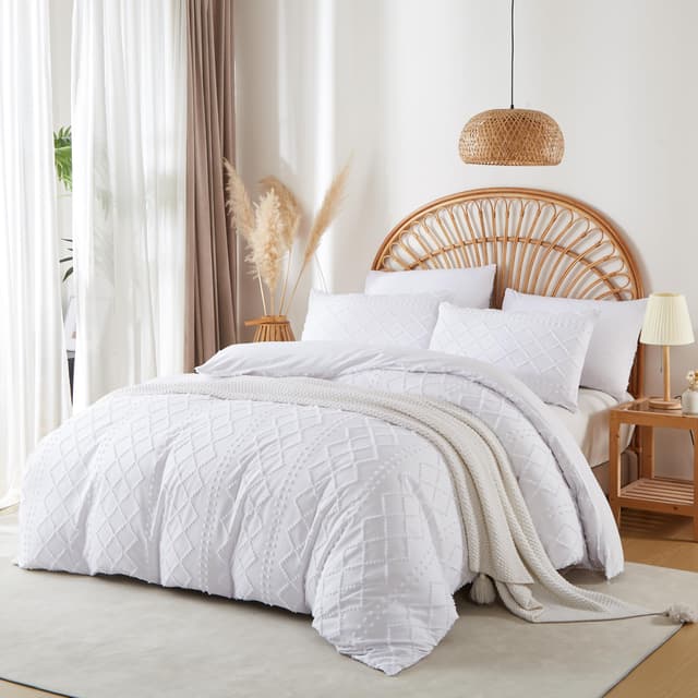 Nayoroom Bettwäsche 135x200 Weiß Getuftet Stickerei Boho Aesthetic Bettbezug Set 2teilig Stockholm Style Gebürstete Renforce Microfaser Vintage Wendebettwäsche mit Reißverschluss und Kissenbezug 80x80 Weiß 135 x 200 + 80 x 80 cm