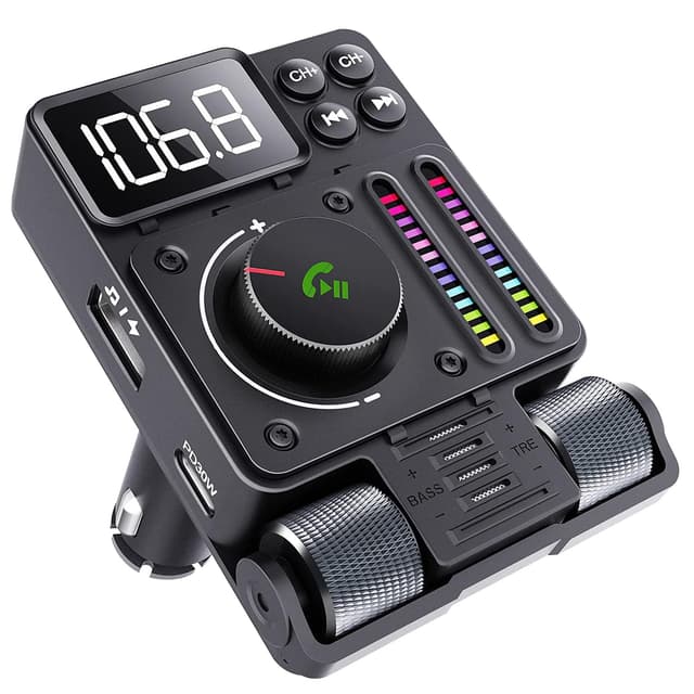 GizmoVine Bluetooth-Adapter für Auto, FM-Transmitter, kompatibel mit PD 30 W/Freisprecheinrichtung/180° drehbar, Musik-Tuner mit Bässen und DREI