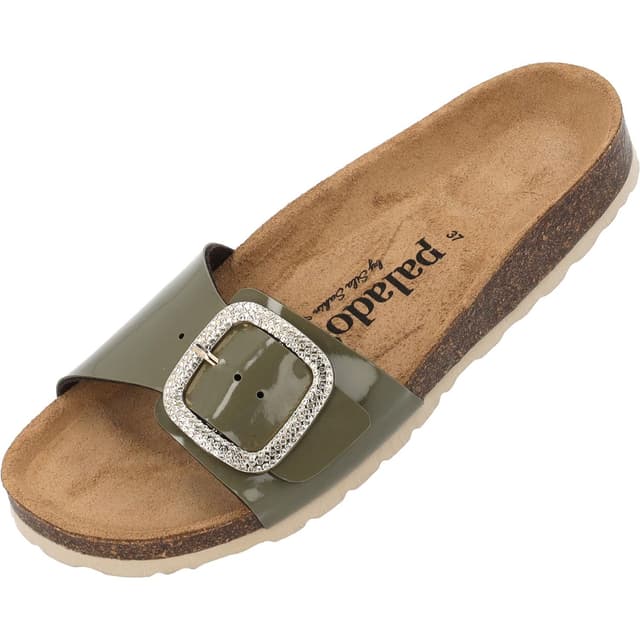 Palado Pantoletten Damen Malta BX by Sila Sahin – gefertigt in Spanien – edle Veloursleder-Decksohle – Glitzerschnalle im Boxy-Design – Lack- oder Metallic-Optik – EVA-Sohle 39 EU Khaki Lack