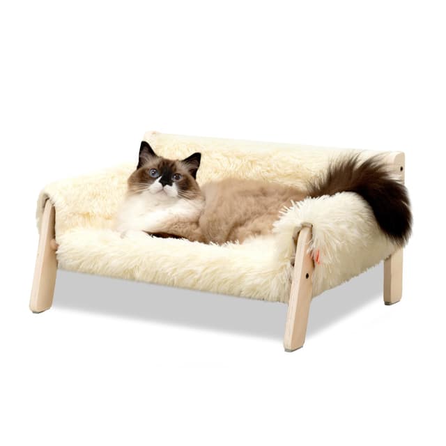 MEWOOFUN Erhöhtes Katzenbett Sofa aus Holz, 56x45cm robust großes Katzensofa – modischer Katzenstuhl mit abnehmbarem Matratzenbezug Belastbar mit 10 kg (Weiß, 56x45cm) 56x45cm Weiß