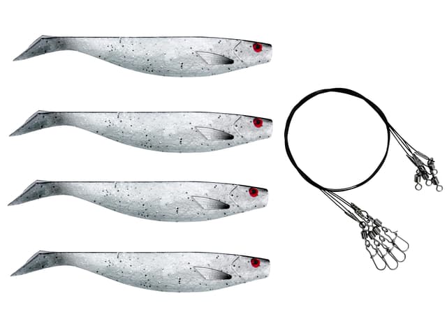 PetrisCatch 4er Gummifisch Set + 4 Stahlvorfächer, 15cm, UV aktiv, Hecht, Zander