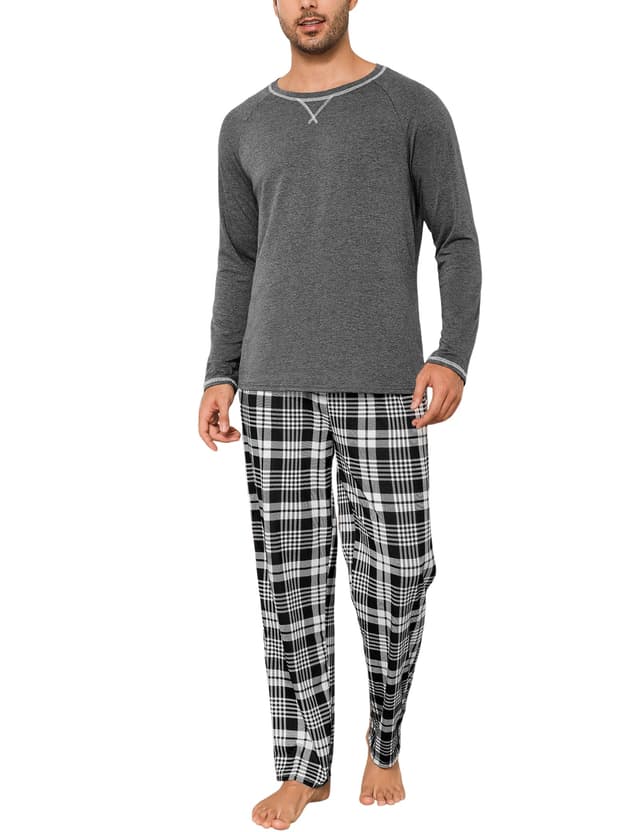 Litherday Schlafanzug Herren Lang Winter Baumwolle Zweiteiliger Nachtwäsche Set Männer Lang Rundhals mit Kariert Pyjamahose