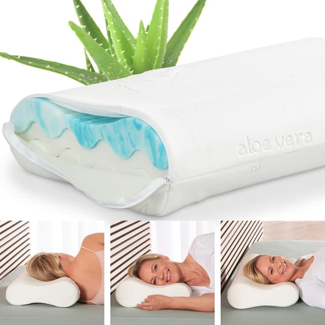 ELONEO Nackenstützkissen 4-fache Höhenanpassung, Liegekomfort auf Gelschaum- oder thermoelastischer Viskoschaum-Seite,Nackenkissen mit Memory Foam, inkl. Aloe Vera Bezug 60 x 35 cm