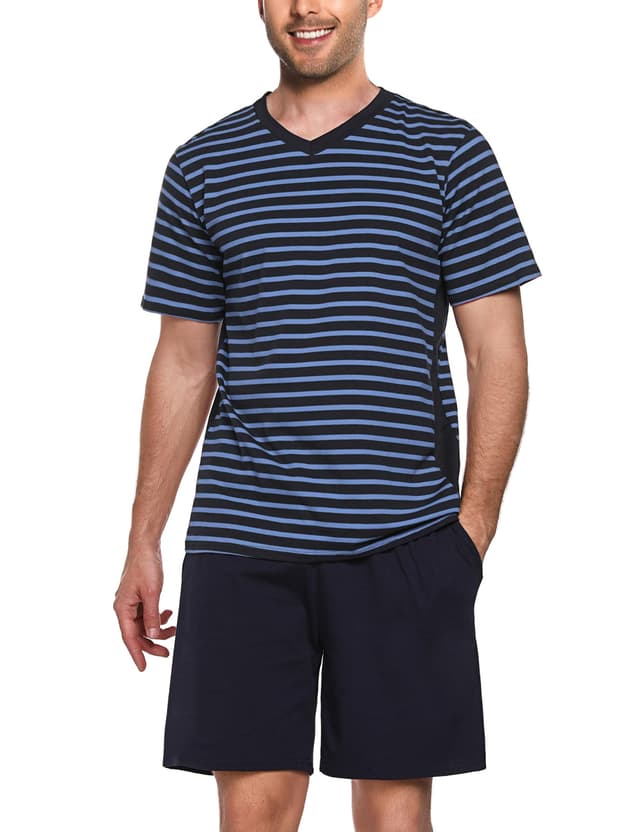 Bresdk Schlafanzug Herren Kurz Sommer Baumwolle Kontraststreifen Pyjama Set Nachtwäsche S-3XL