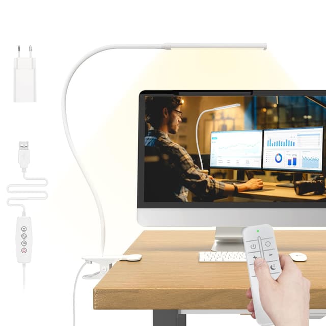 Mojimdo Schreibtischlampe 77 LED mit Fernbedienung [Beeindruckende Lichtleistung] 70CM Klemmlampe, 3 Farben & 10 Helligkeitsstufen, 360° Flexibel mit USB-Ladegerät Weiß - 70 cm hoch