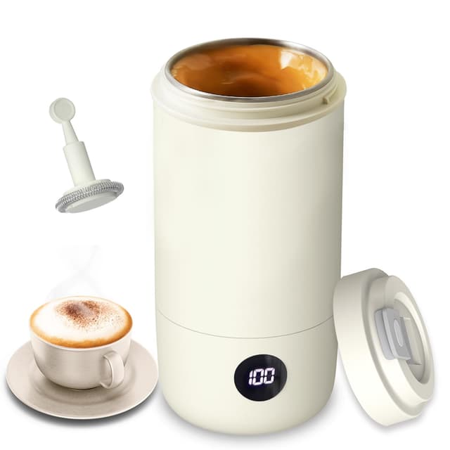 400ml Reise Wasserkocher mit Heiß-/Kalt-Milchschäumer, 3 Mix-Stufen, 6-Temperaturstufen, Touchsteuerung mit Temperaturanzeige, Edelstahl 304 Innenschale,350W Klein-Reisebecher für Milch/Kaffee/Protein Beige