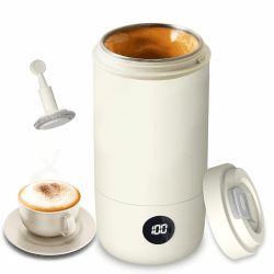 400ml Reise Wasserkocher mit Heiß-/Kalt-Milchschäumer, 3 Mix-Stufen, 6-Temperaturstufen, Touchsteuerung mit Temperaturanzeige, Edelstahl 304 Innenschale,350W Klein-Reisebecher für Milch/Kaffee/Protein Beige
