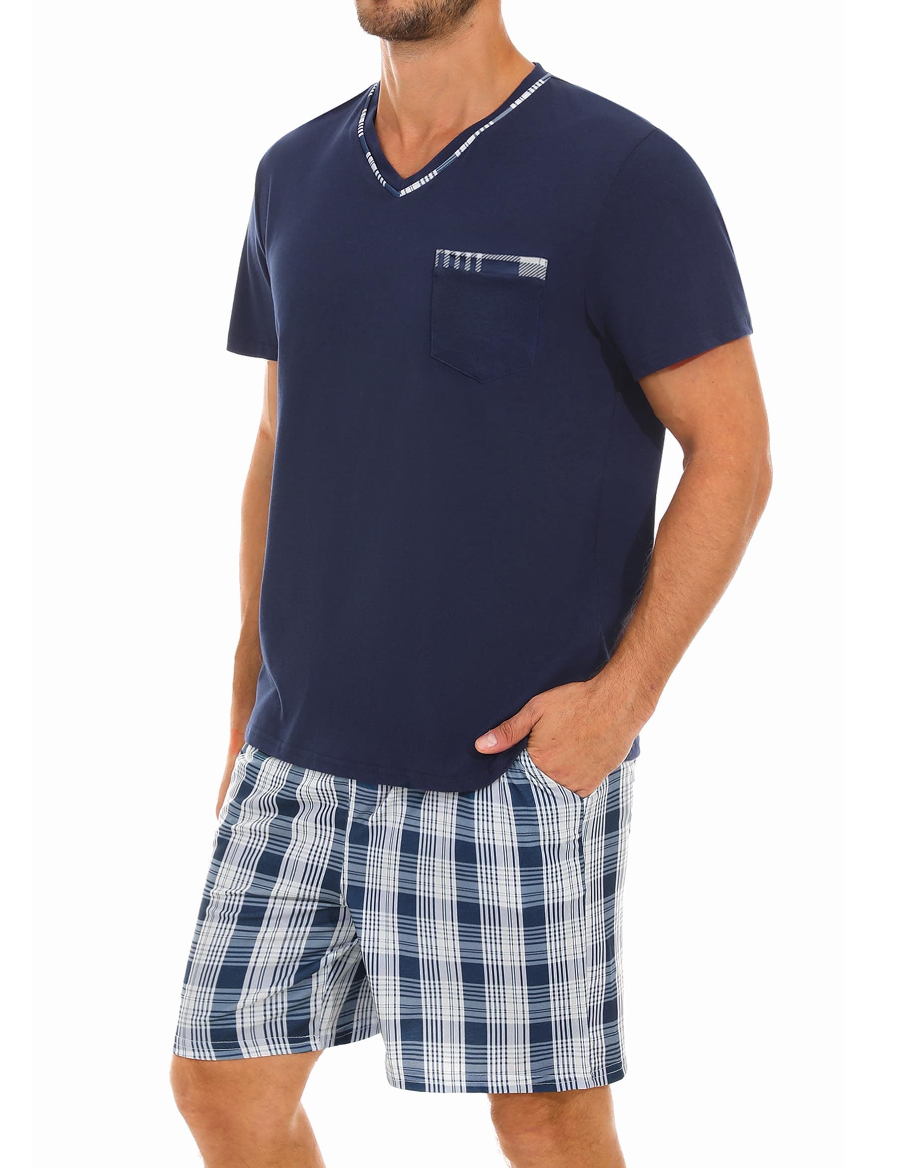 Demegimi Schlafanzug Herren Kurz Baumwolle Sommer Pyjama Set V-Ausschnitt Hausanzug T-Shirt und Karierter Schlafhose