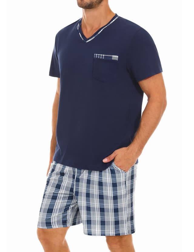 Demegimi Schlafanzug Herren Kurz Baumwolle Sommer Pyjama Set V-Ausschnitt Hausanzug T-Shirt und Karierter Schlafhose