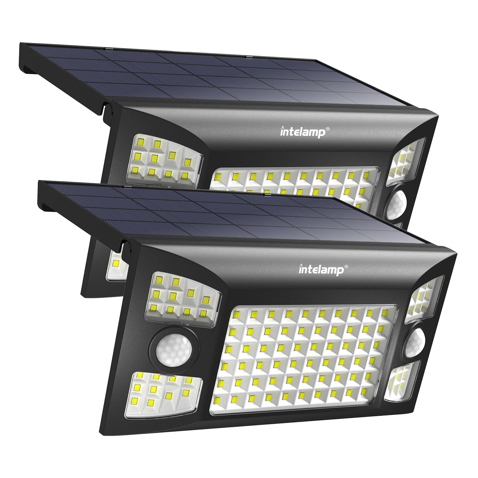 INTELAMP Solarlampen für Außen mit Bewegungsmelder, 2 Stück 1300LM Superhelle Solarlampe Außen Zwei Bewegungsmelder,180°3 Modi Solar Wandleuchte IP65 Wasserdichte für Garten Garage Wand Pathway 2 Stück-Integrierter type