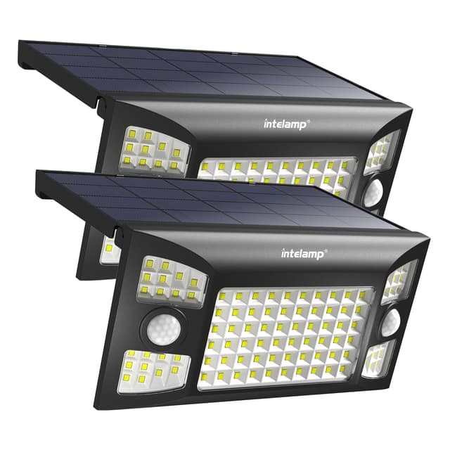 INTELAMP Solarlampen für Außen mit Bewegungsmelder, 2 Stück 1300LM Superhelle Solarlampe Außen Zwei Bewegungsmelder,180°3 Modi Solar Wandleuchte IP65 Wasserdichte für Garten Garage Wand Pathway 2 Stück-Integrierter type