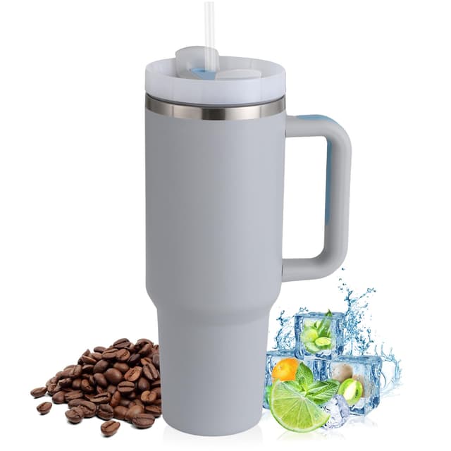 PRAOAHEI 40oz Thermobecher mit Strohhalm und Henkel, 1180 ML Doppelwandiger Edelstahl Heiße Kalte Getränke Vakuum Trinkbecher, Kaffeebecher für Zuhause Reisen Hell Grau Hellgrau