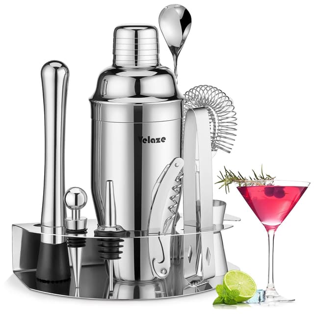 Velaze Cocktail Shaker Set 850 ml, 10-teilig, Edelstahl Cocktail Set zum Mischen von alkoholischen Getränken, Barkeeper Set mit Edelstahl Ständer, Coktailmixset mit Bar Zubehör für Zuhause Bar Silber