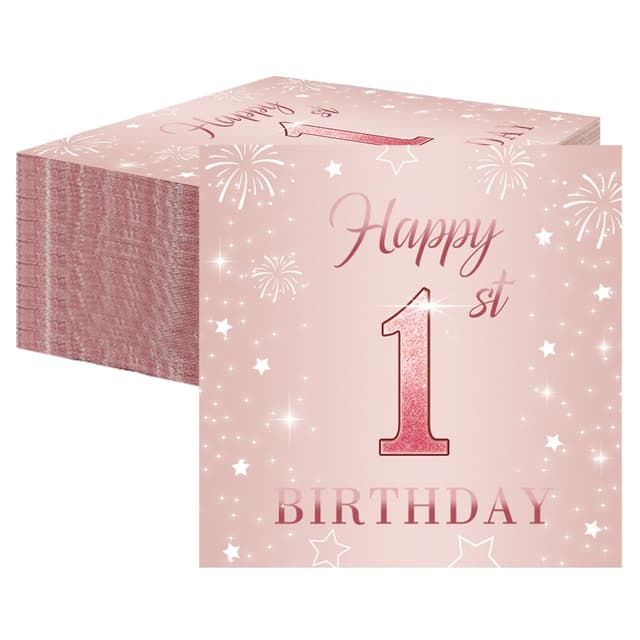 60 Stück Servietten 1. Geburtstag - Servietten Rosa für Erster Geburtstag Mädchen, Geburtstagsdeko 1 Jahr Feiern Party Jubiläum, Tischdekoration 1th