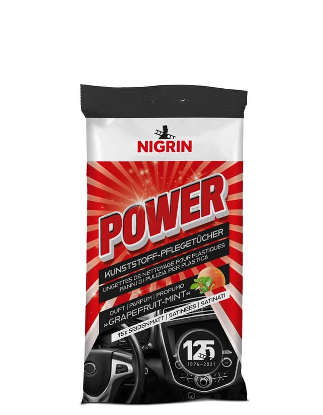 NIGRIN Power Kunststoff-Pflegetücher, reinigen die Oberflächen im Auto, silikonfrei, mit Grapefruit-Minze-Duft, 15 Stück POWER Kunststoff-Reinigungstücher 15St 1 stück (15er Pack)