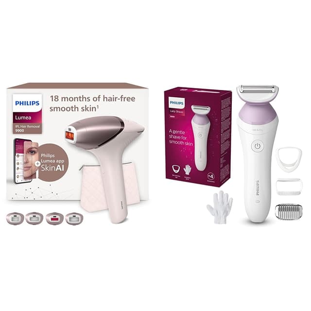 Set aus Philips Lumea IPL 9900 Series Haarentfernungsgerät mit SenseIQ & SkinAI Technologie – (BRI951/00) + Philips Lady Shaver Series 6000 – Kabelloser Nass- und Trockenrasierer(Modell BRL136/00)