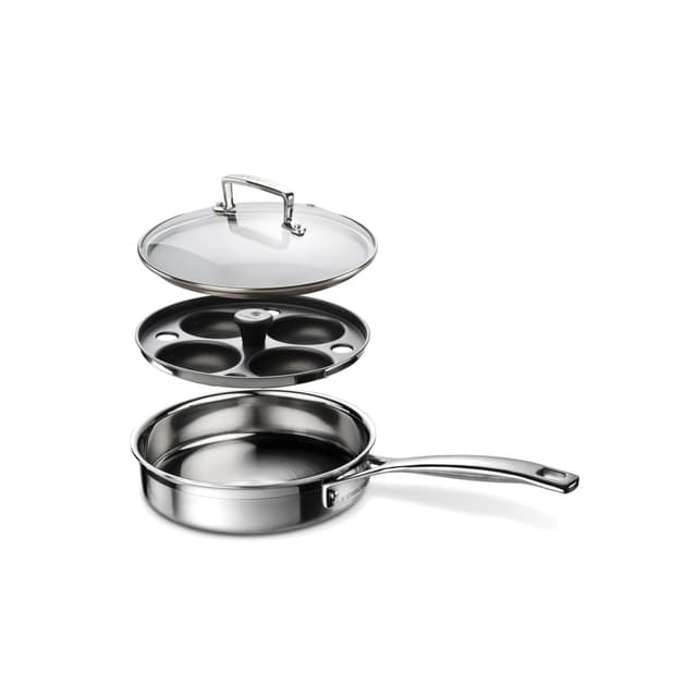 Le Creuset Unbeschichtete Sautépfanne mit Pochiereinsatz aus 3-ply Edelstahl, 20 x 5 cm, 96204220001000, Silber 20 cm Silber