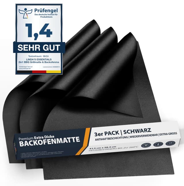 Linda's Essentials Dauerbackfolie für Backofen und Grill, Backpapier wiederverwendbar geeignet für Elektro- und Gasbackofen, antihaftbeschichtet, für den Backofenboden, BPA- und PFOA-frei (3er Pack) Black 3 Pack