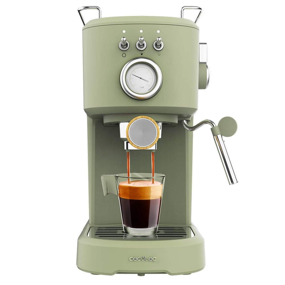 Cecotec Espressomaschine Compact Power Espresso 20 Retro Green 1100 W, 20 bar, Thermoblock-System, schwenkbarer Dampfgarer, Filterarm mit Doppelausgang und 2 Filter, 1,25 Liter Grün Mit Manometer