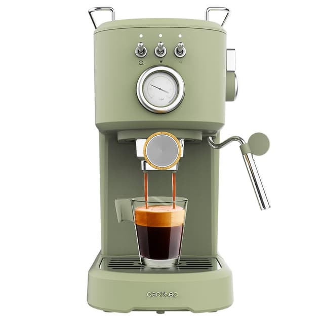 Cecotec Espressomaschine Compact Power Espresso 20 Retro Green 1100 W, 20 bar, Thermoblock-System, schwenkbarer Dampfgarer, Filterarm mit Doppelausgang und 2 Filter, 1,25 Liter Grün Mit Manometer