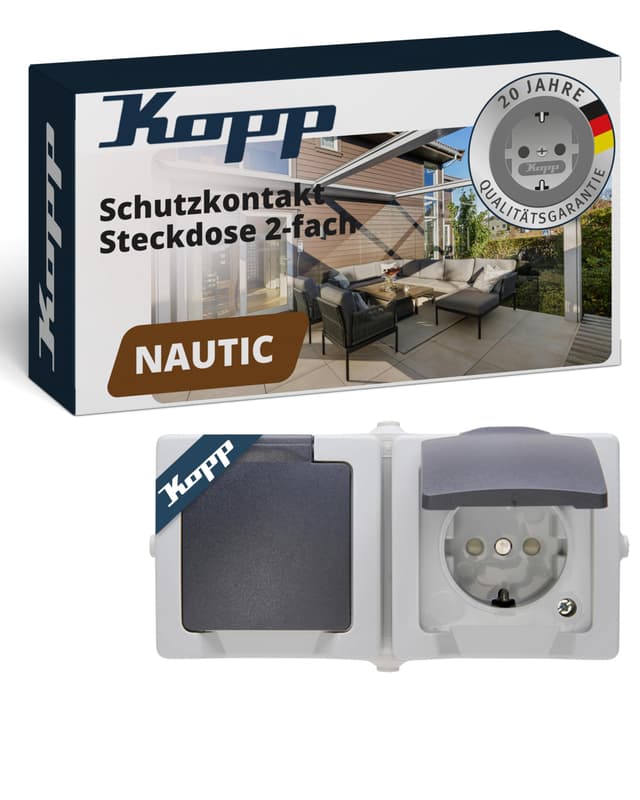 Kopp NAUTIC 2-fach Schutzkontakt-Steckdose mit Klappdeckel in Grau - Sichere Aufputz-Steckdose mit erhöhtem Berührungsschutz - Waagrechter IP44 Feuchtraumsteckdosen-Aufputz 16A / 250V~ grau 2fach waagerecht