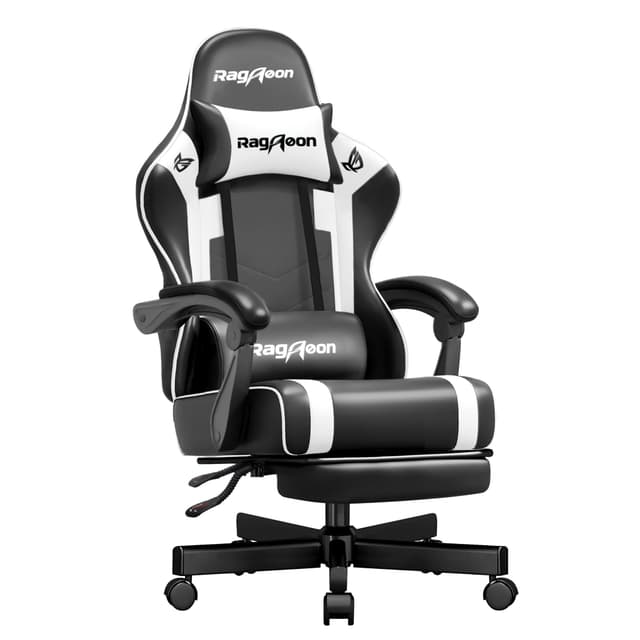 Riftracer Gaming Stuhl Chair Gamer Sessel - Ergonomischer Gamer Stuhl mit Fußstütze Kopfstütze und Lordosenstütz Höhenverstellbar Gepolstert Gamingstuhl 150 Kg Tragkraft PC Sessel Drehsessel Schwarz Weiß
