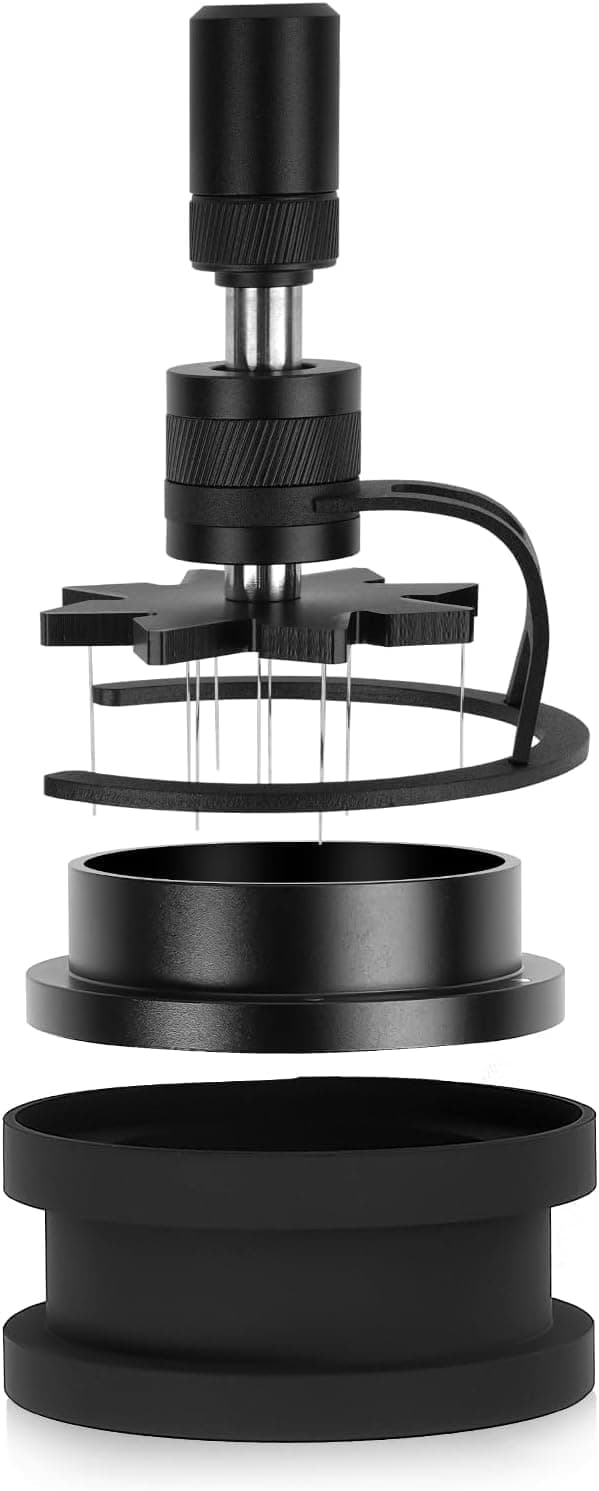IKAPE 58 MM WDT-Werkzeug, Espresso-Rührer-Verteilungswerkzeug, einstellbare Nadelhöhe, Kaffeerührer mit Dosiertrichter und Ständer Schwarz 58mm