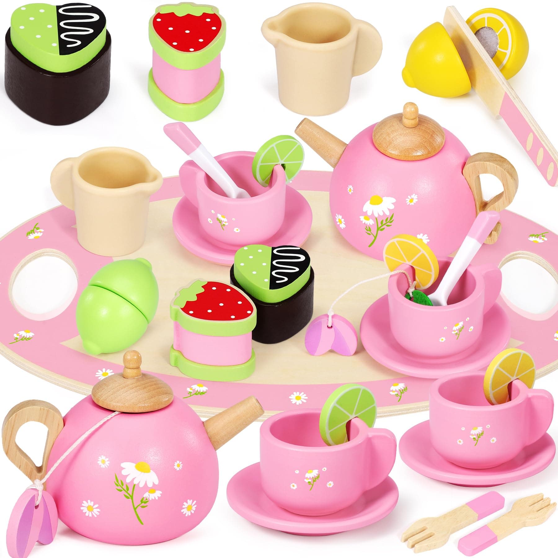 Seagoal Teeservice Kinder Holz, Tee Set Spielküche Rollenspiele Zubehör, Teeparty Küchenzubehör Kinder Holzspielzeug, Kindergeschirr Spielküche Geschenke für Mädchen Jungen