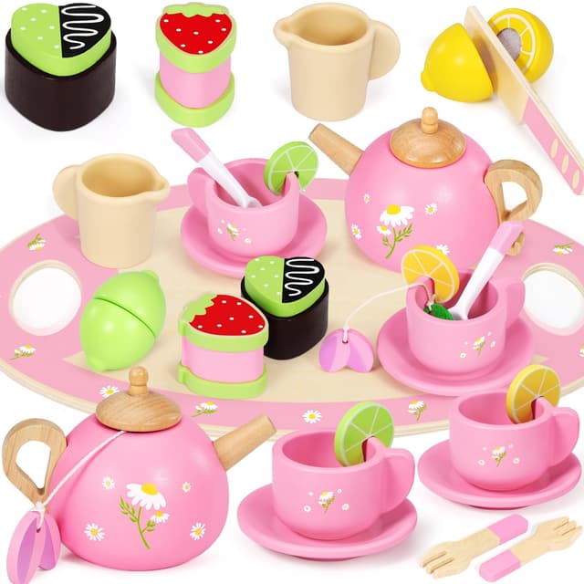 Seagoal Teeservice Kinder Holz, Tee Set Spielküche Rollenspiele Zubehör, Teeparty Küchenzubehör Kinder Holzspielzeug, Kindergeschirr Spielküche Geschenke für Mädchen Jungen