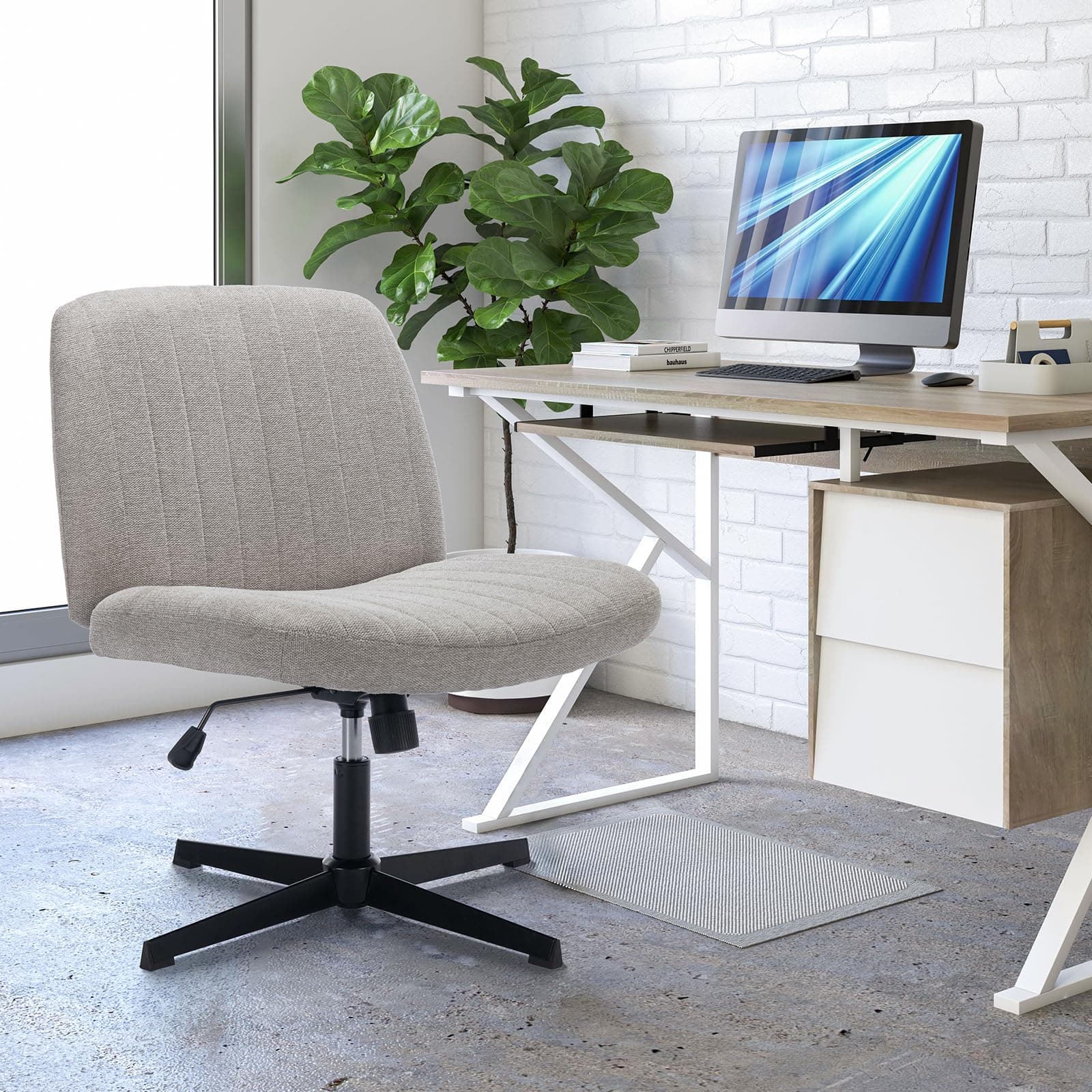 COLAMY Breiter Bürostuhl, Gepolsterter Armloser Schreibtischstuhl Drehbarer Home Office Stuhl 115° Wippfunktion Ergonomischer Computerstuhl für Home Office, Schminken, Gaming (Kreuzfuß, Hellgrau) Hellgrau Kreuzfuß