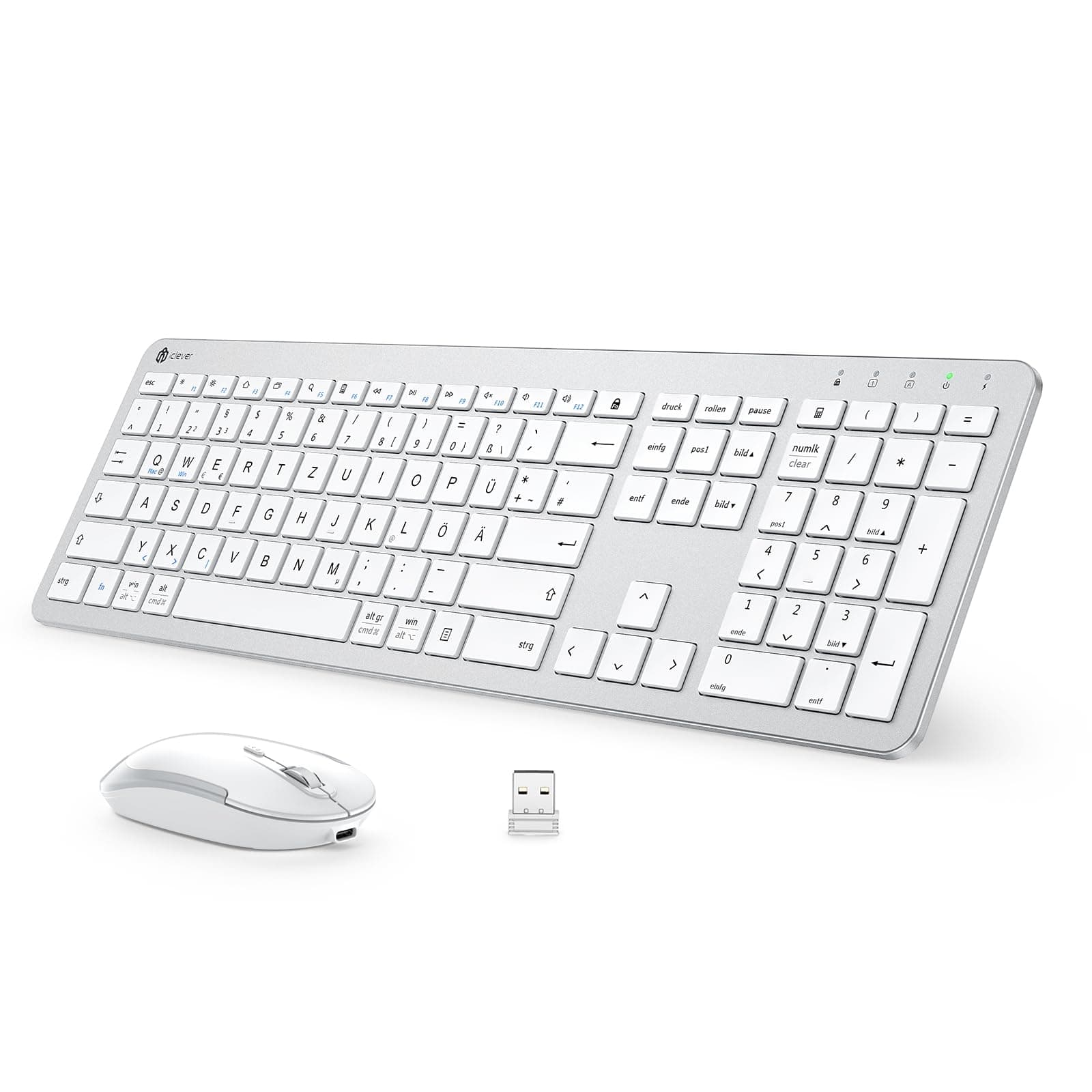 iClever Tastatur Maus Set Kabellos, Wiederaufladbare Kabellose Tastatur und Maus, Deutsch QWERTZ Layout, 2.4 GHz Funk Tastatur mit Maus für PC/Laptop/Smart TV, Weiß silver