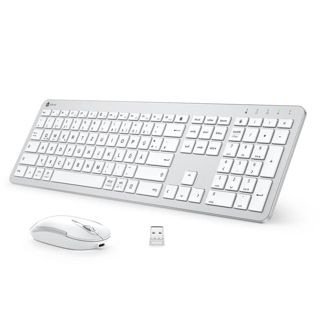 iClever Tastatur Maus Set Kabellos, Wiederaufladbare Kabellose Tastatur und Maus, Deutsch QWERTZ Layout, 2.4 GHz Funk Tastatur mit Maus für PC/Laptop/Smart TV, Weiß silver