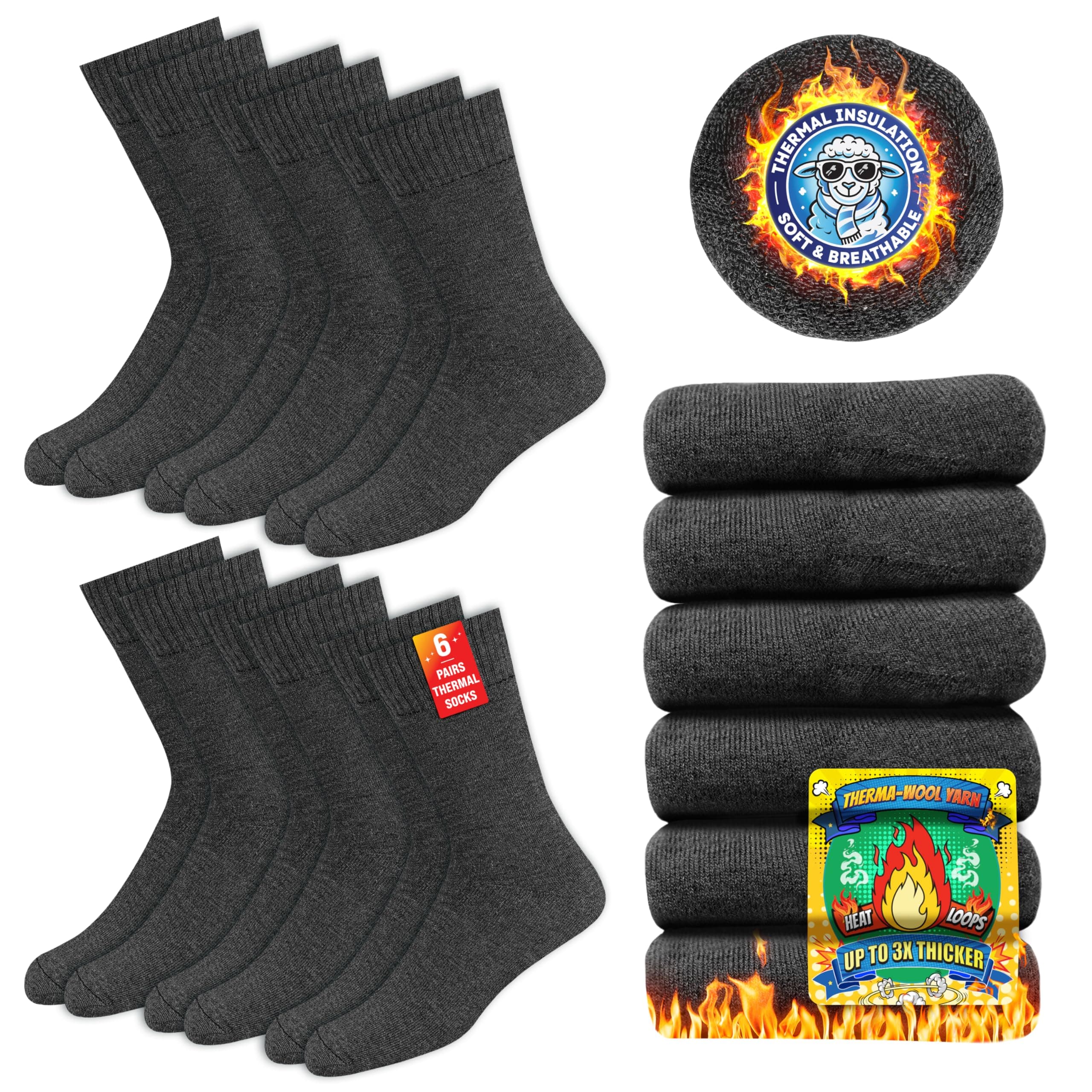 SOXCO Thermosocken für Herren und Damen - Warme Wintersocken, 6er Pack 39-42 Kohlengrau (6 Paare)